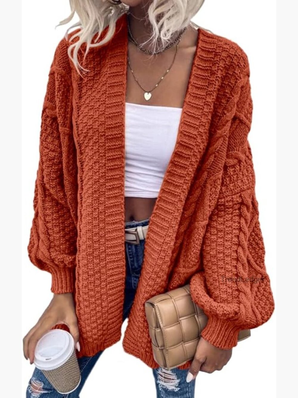 Oversized Open Front Cable Knit Lantern Long Sleeve Chunky Cardigan